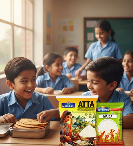 Children enjoying lunch together with Kirtidhara kitchen essentials